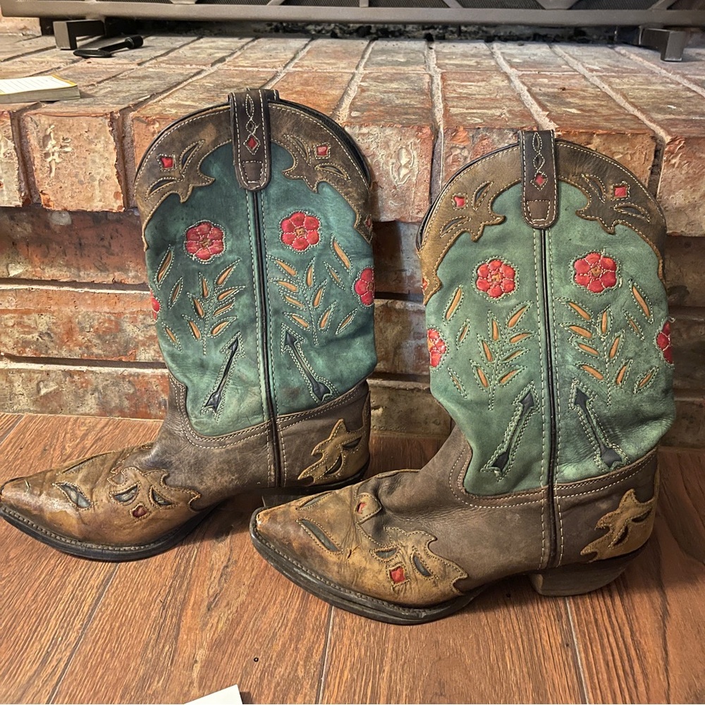 Laredo Brown and Teal cowboy boots with floral accents